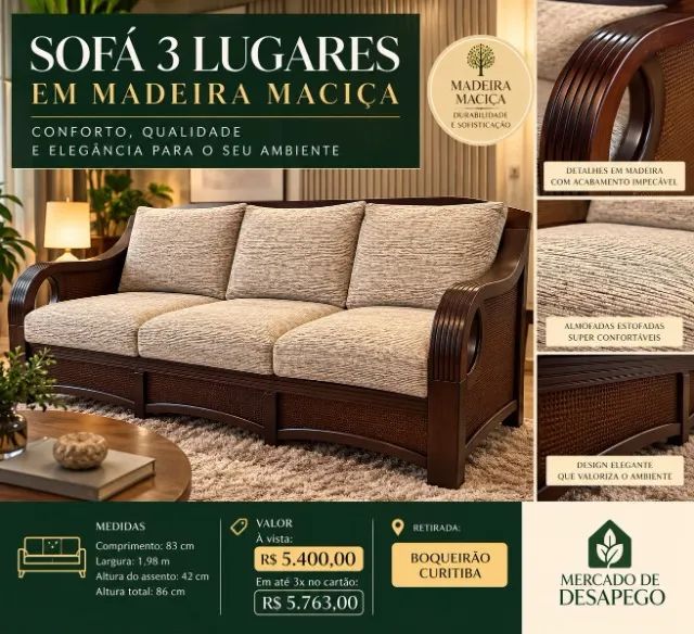 SOFÁ 3 LUGARES EM MADEIRA MACIÇA