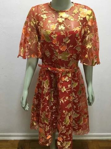 Vestido Alfaiataria Organza Tamanho P Vermelho Estampa Flor - Foto 2