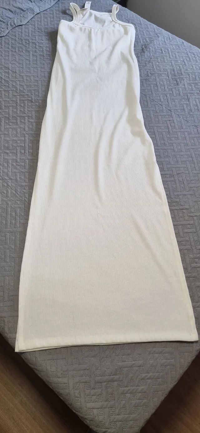 Vestido canelado longo off-white - Foto 2