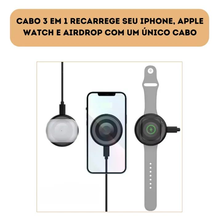 Carregador Magnético 3 em 1 para Smartwatch, Celular e Fones de Ouvido - Novo - Foto 4