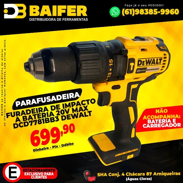 Parafusadeira Furadeira de Impacto a Bateria 20v Max DCD7781BB3 Dewalt