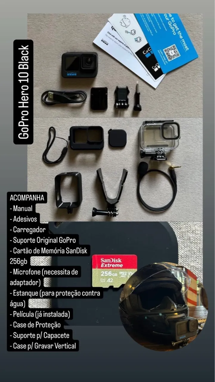 GoPro Hero 10 Black + Acessórios + Cartão 256GB