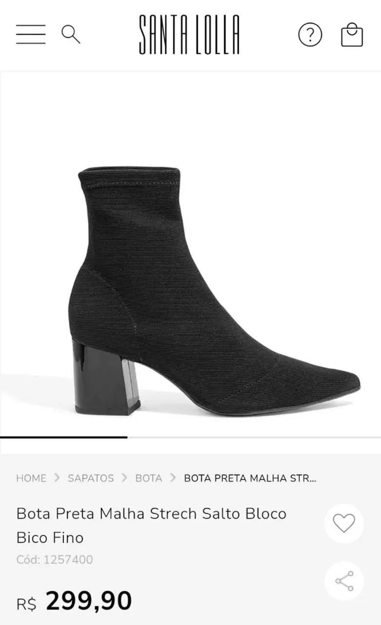 Bota Preta Malha Strech Salto Bloco Bico Fino Santa Lolla