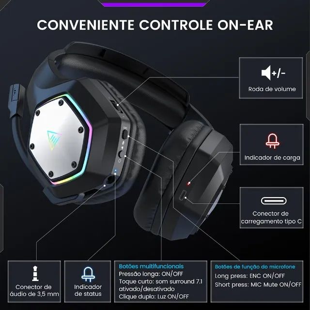 Headset Eksa E1000 WT Wireless 7,1 Surround 2.4Ghz Sem fio Drivers 50mm - Foto 4