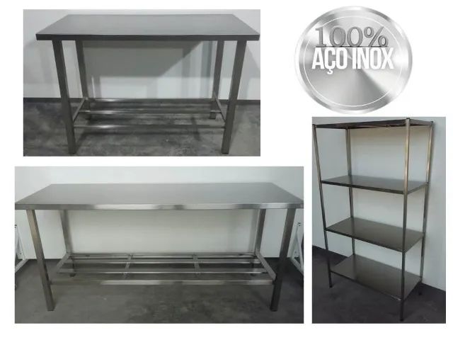 Mesas em diversas medidas , estantes e prateleiras em inox para equipar a sua cozinha