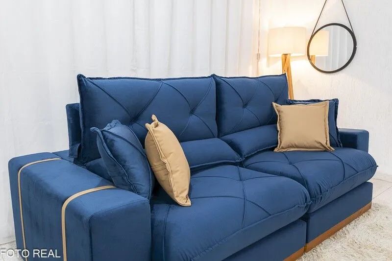Sofá Retrátil 3 Lugares 230cm Veludo Azul Molas Ensacadas D33  - Foto 3