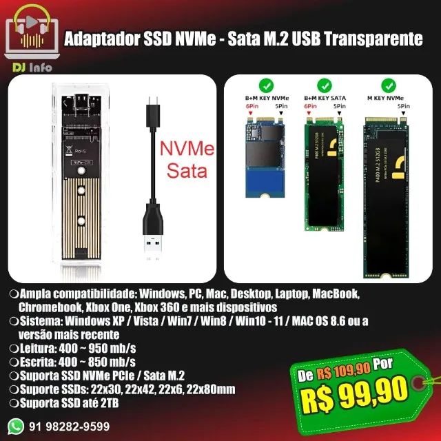 Adaptador SSD NVMe - Sata M.2 USB Transparente