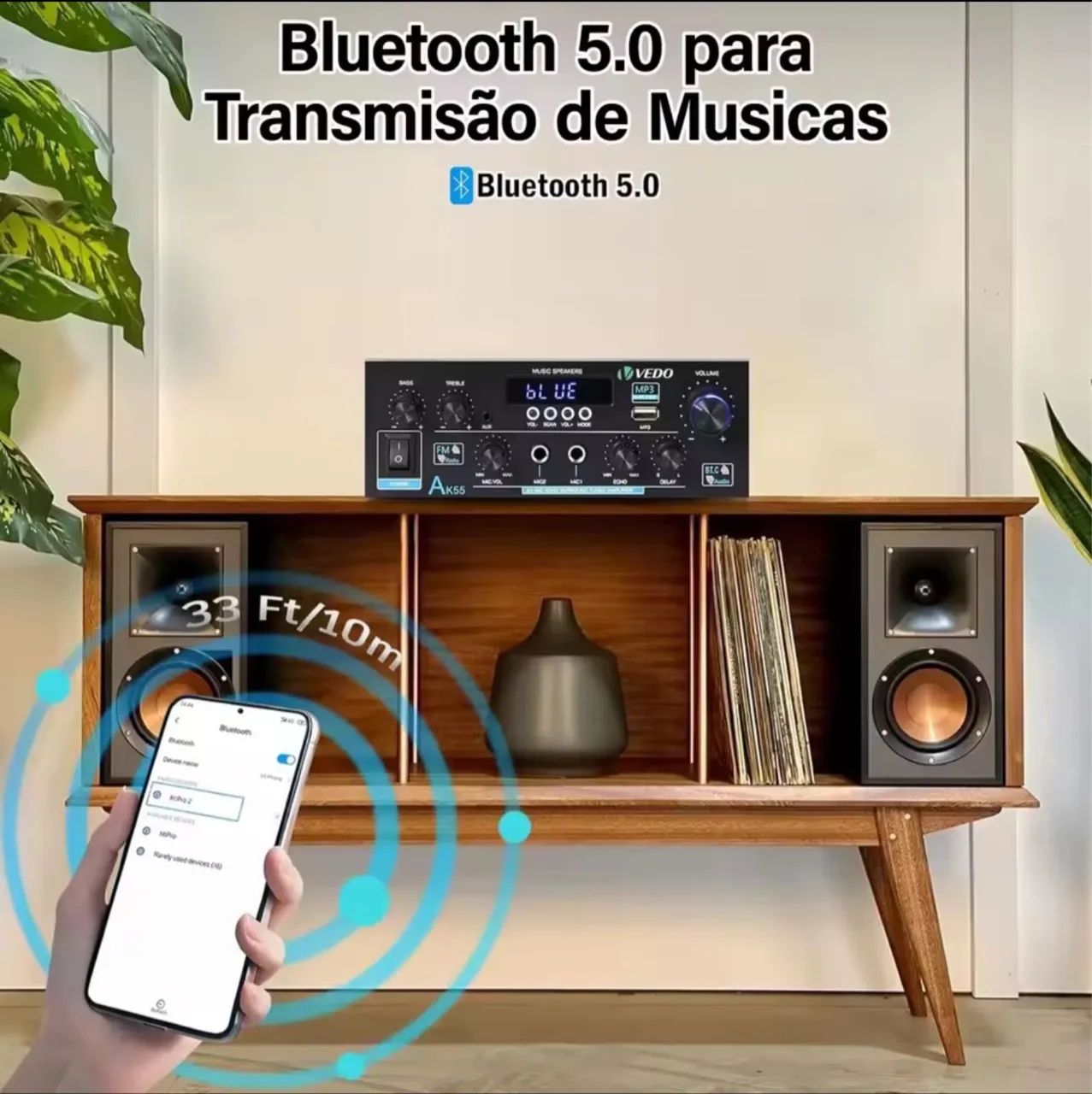 Amplificador VEDO AK-55 Bluetooth 5.0 HiFi - Aparelhos de Som