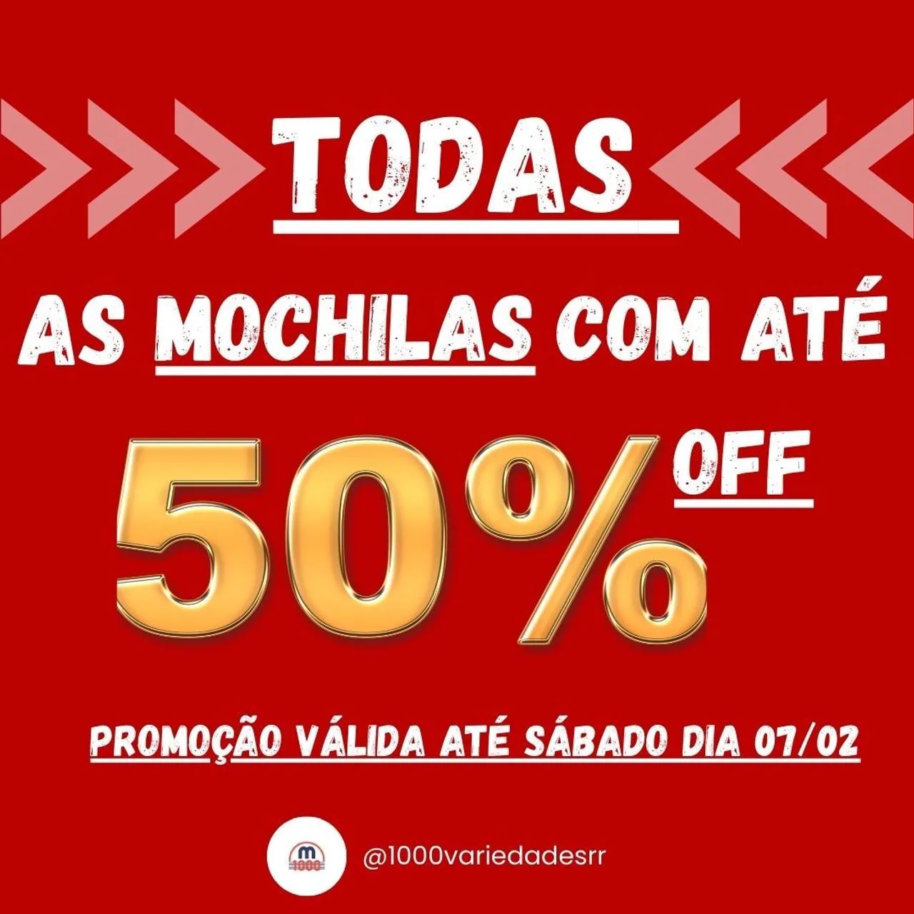 Promoção mochilas com 50%OFF