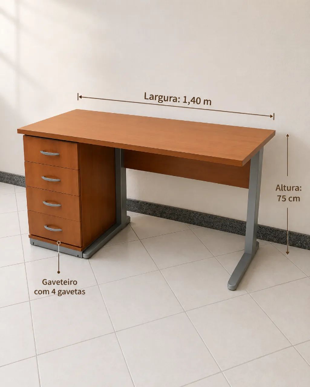 4 Mesas de escritório com gaveteiro (R$250,00 cada uma) e 1 extensor de mesa (R$150,00)