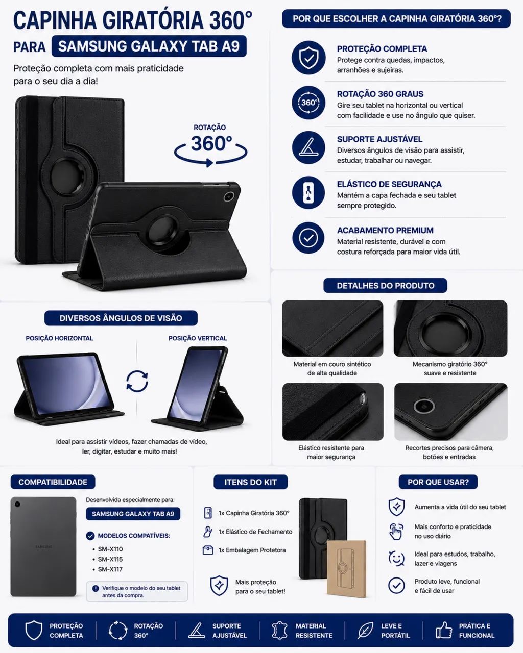     Kit Samsung Galaxy Tab A9: Capa + Caneta Touch + Película (Novo) - Foto 2