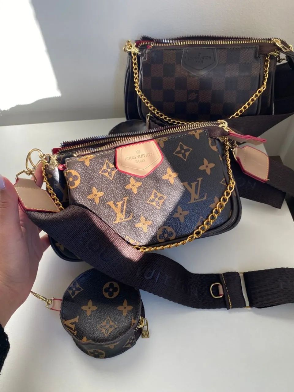 Bolsa Louis Vuitton Multi Pochette acessórios Xadrez marrom Premium - Foto 2