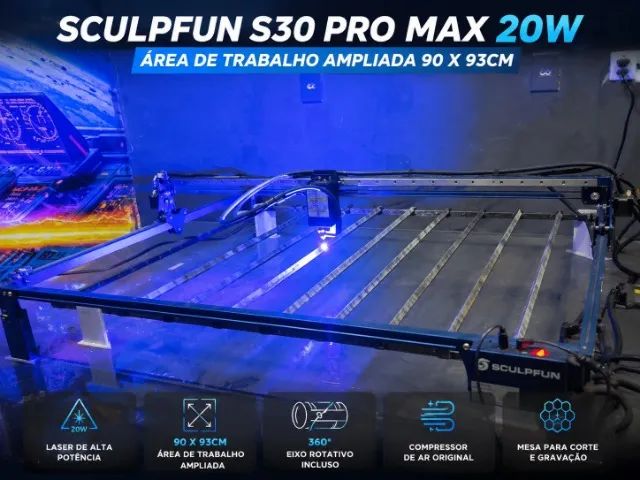 máquina de corte e gravação a laser Sculpfun S30 20W, completa e pronta para trabalhar