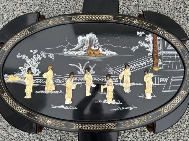 Mesa de chá chinesa 6 lugares oval em madeira com acabamento em laca preta - Foto 3