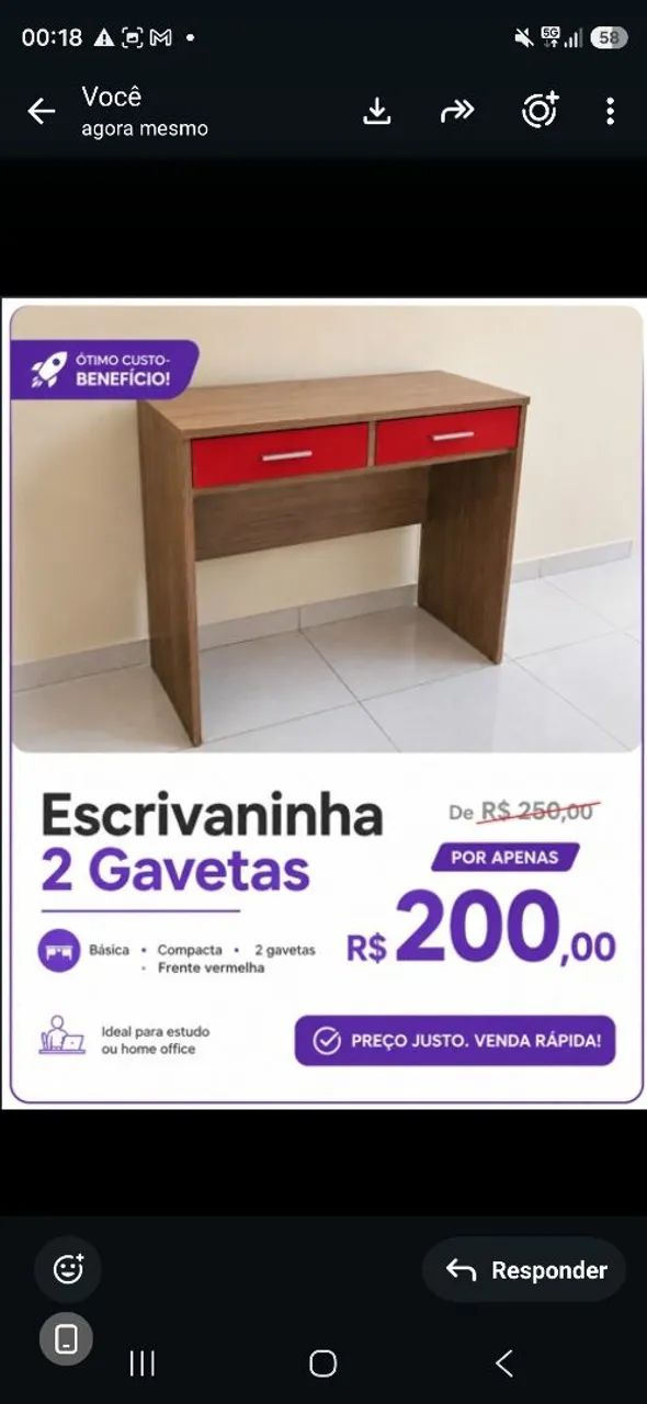 Escrivaninha Para Estudo E Home Office Com 2 Gavetas - Nova / Ótimo Estado