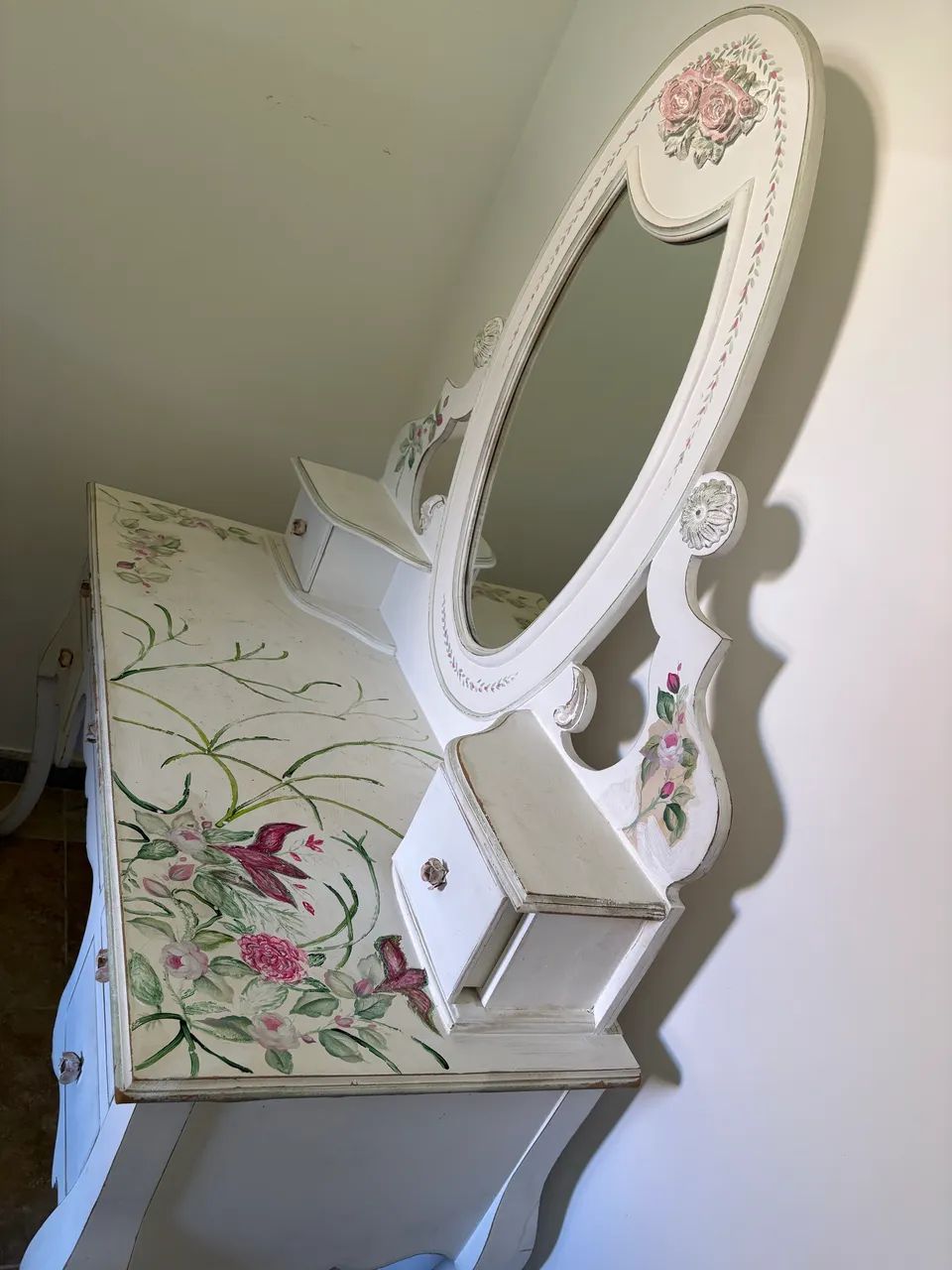 Penteadeira Provençal Vintage com Espelho Oval e Pintura Floral - Foto 3