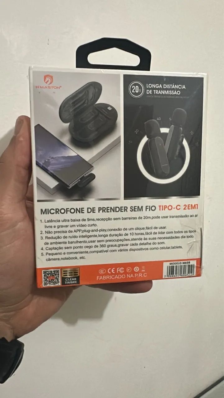 Microfone de Prender Sem Fio H?Maston Tipo-C 2 em 1 com Estojo e Alcance de até 20 Metros