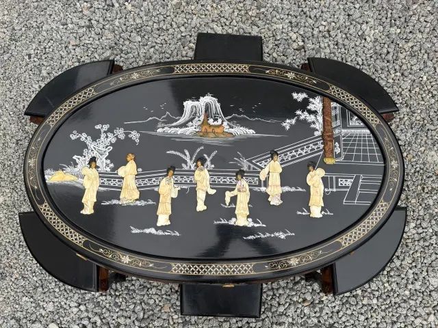 Mesa de chá chinesa 6 lugares oval em madeira com acabamento em laca preta - Foto 4