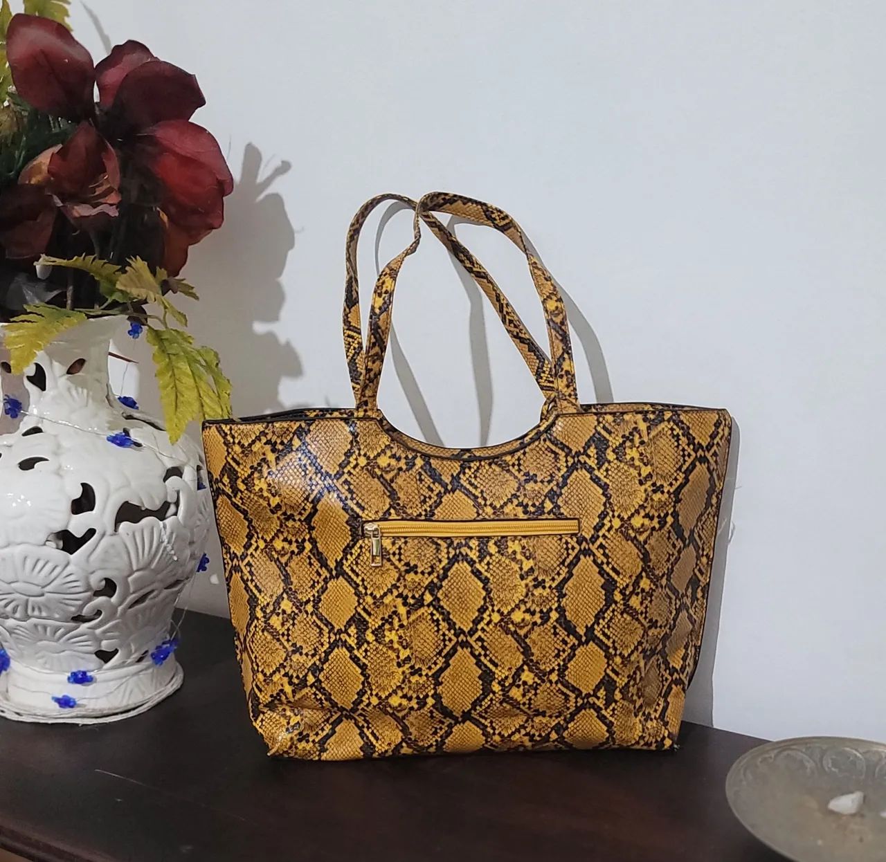 Bolsa Feminina Grande de Ombro - Estampa Python / Cobra Amarela - Foto 3