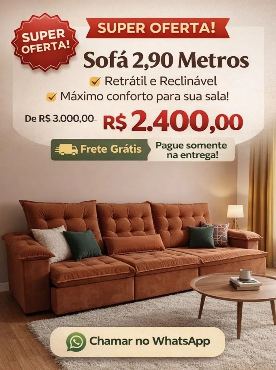 Sofá retrátil e Reclinável 2,90 metros direto da fábrica 