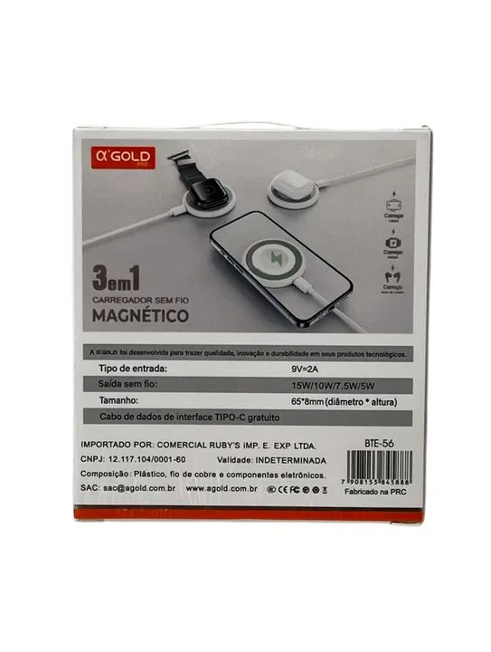 Carregador Magnético 3 em 1 para Smartwatch, Celular e Fones de Ouvido - Novo - Foto 6