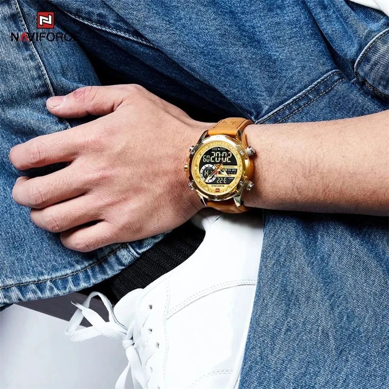 Relógio Naviforce 9208 Dourado Pulseira em Couro, Analógico e Digital, Calendário - Foto 4
