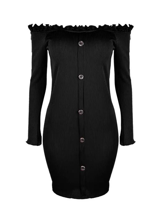 vestido canelado com botão enfeite