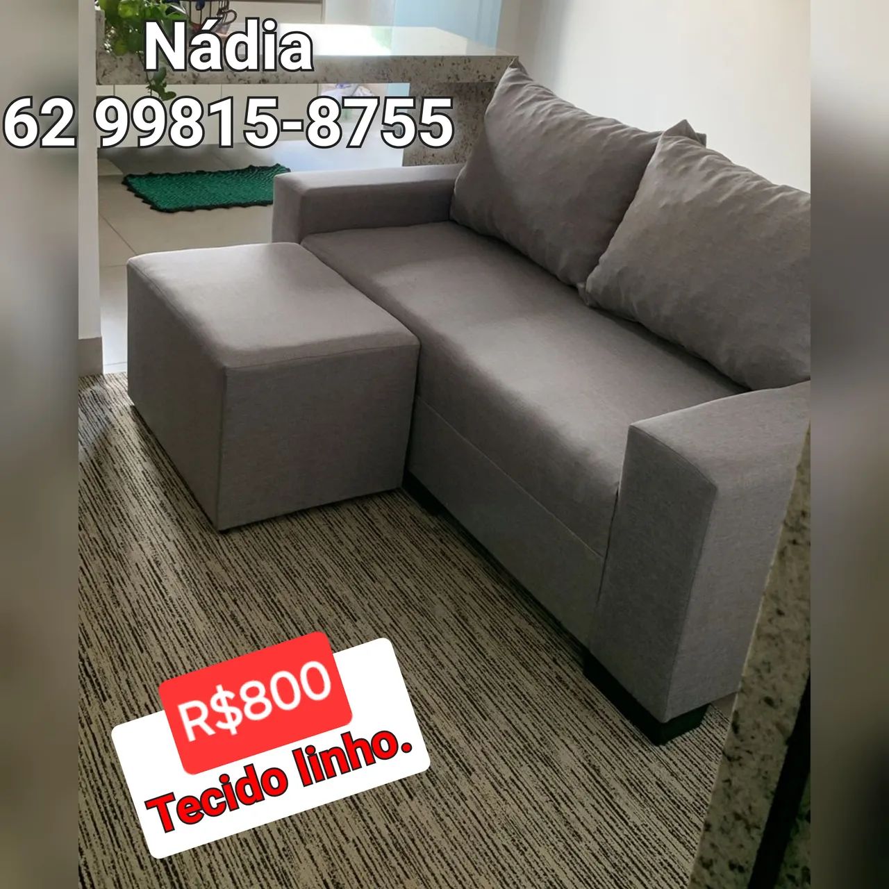 Sofá com puff de tecido linho medidas 1.75