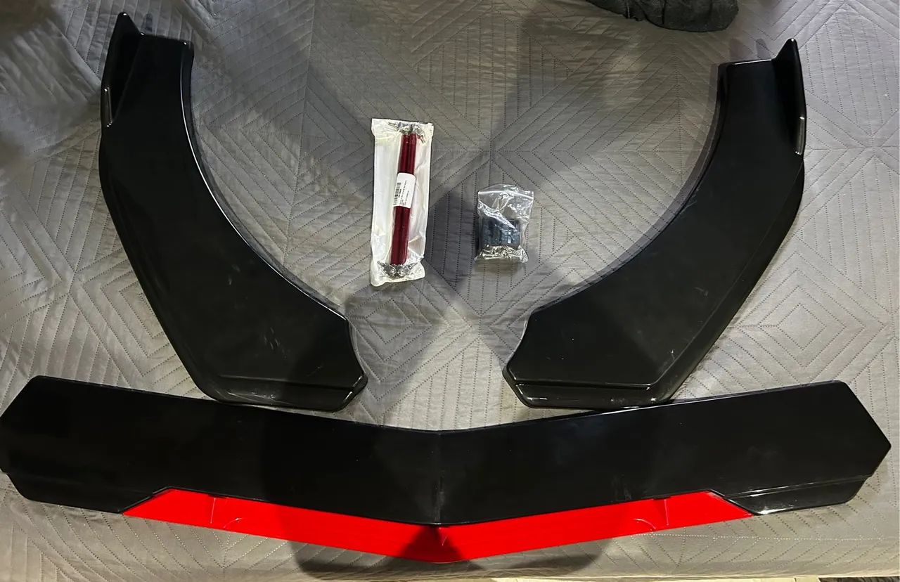 Front Lip Veicular Regulável Preto Metálico E Vermelho Carro + Haste Spoiler Lip Universal - Foto 4