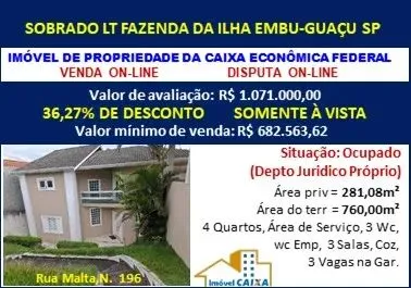 Sobrado para venda possui 281 metros quadrados com 3 quartos em Fazenda da Ilha - Embu-Gua