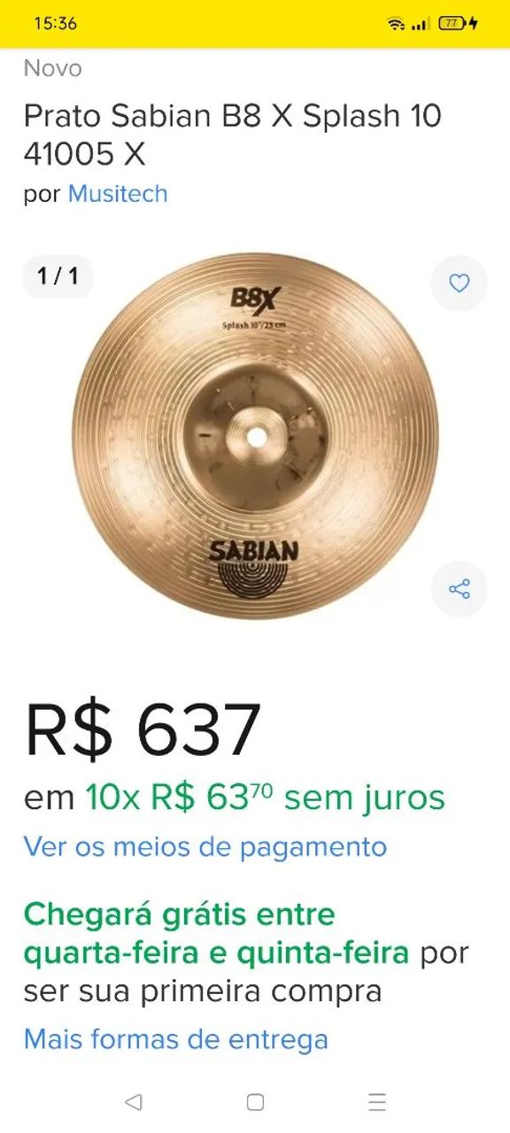 PRATO Splash Sabian B8X SÓ HOJE $28012" - Foto 5