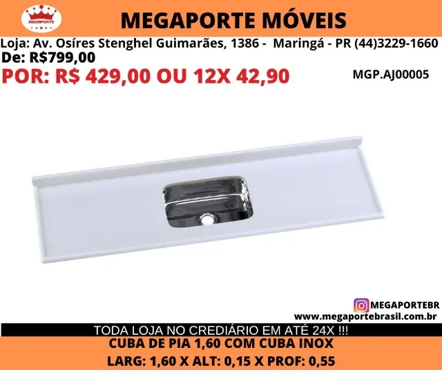 Pedra de Pia 1,60m Cuba em Inox