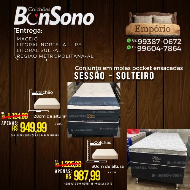 Conjunto cama solteiro molas pocket Bonsono base e colchão  