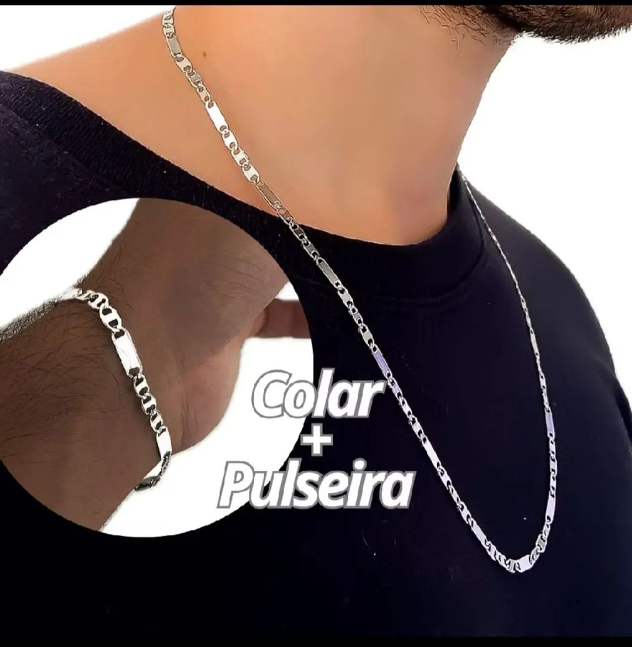 Corrente e pulseira Kit Plaquinha aço idêntica a prata - Foto 2