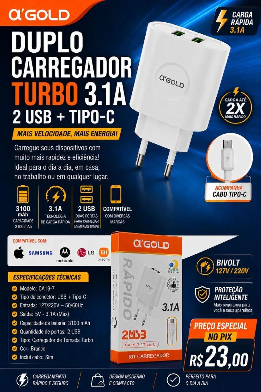 CARREGADOR  DE CELULAR COM TOMADA DUPLO TURBO+CABO