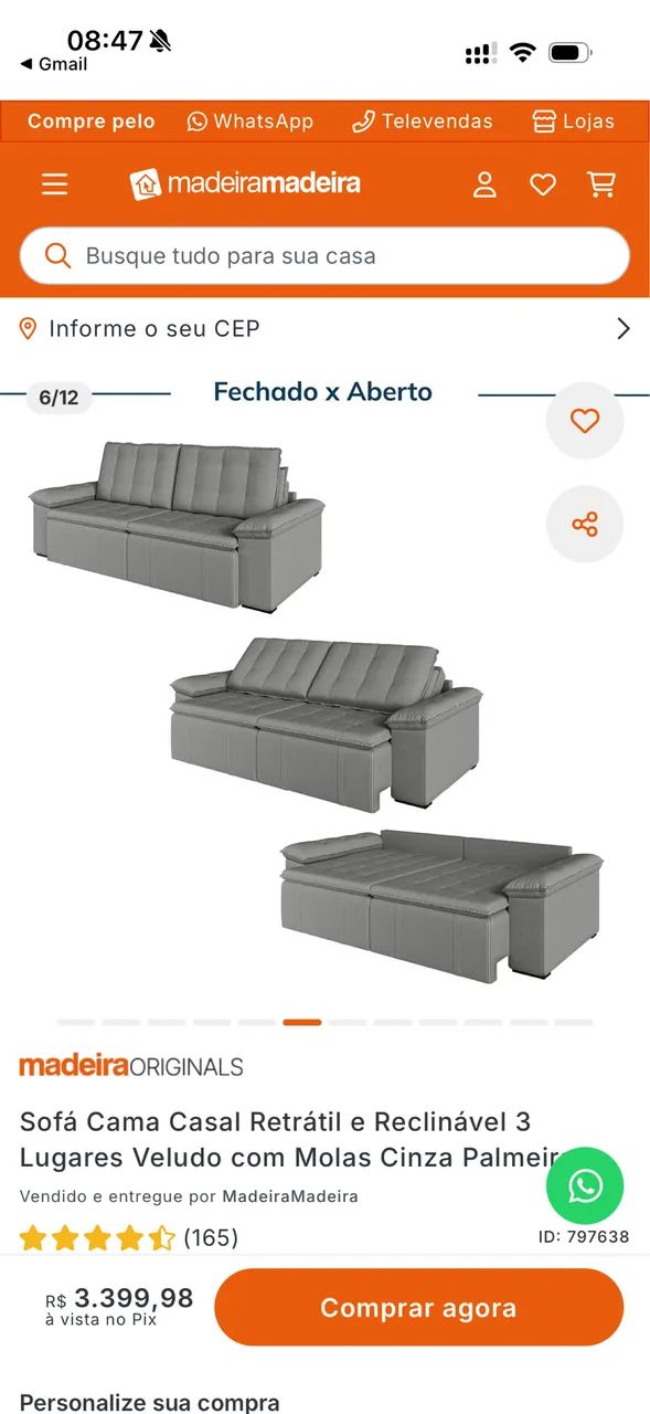 Sofá retrátil cinza  - Foto 3