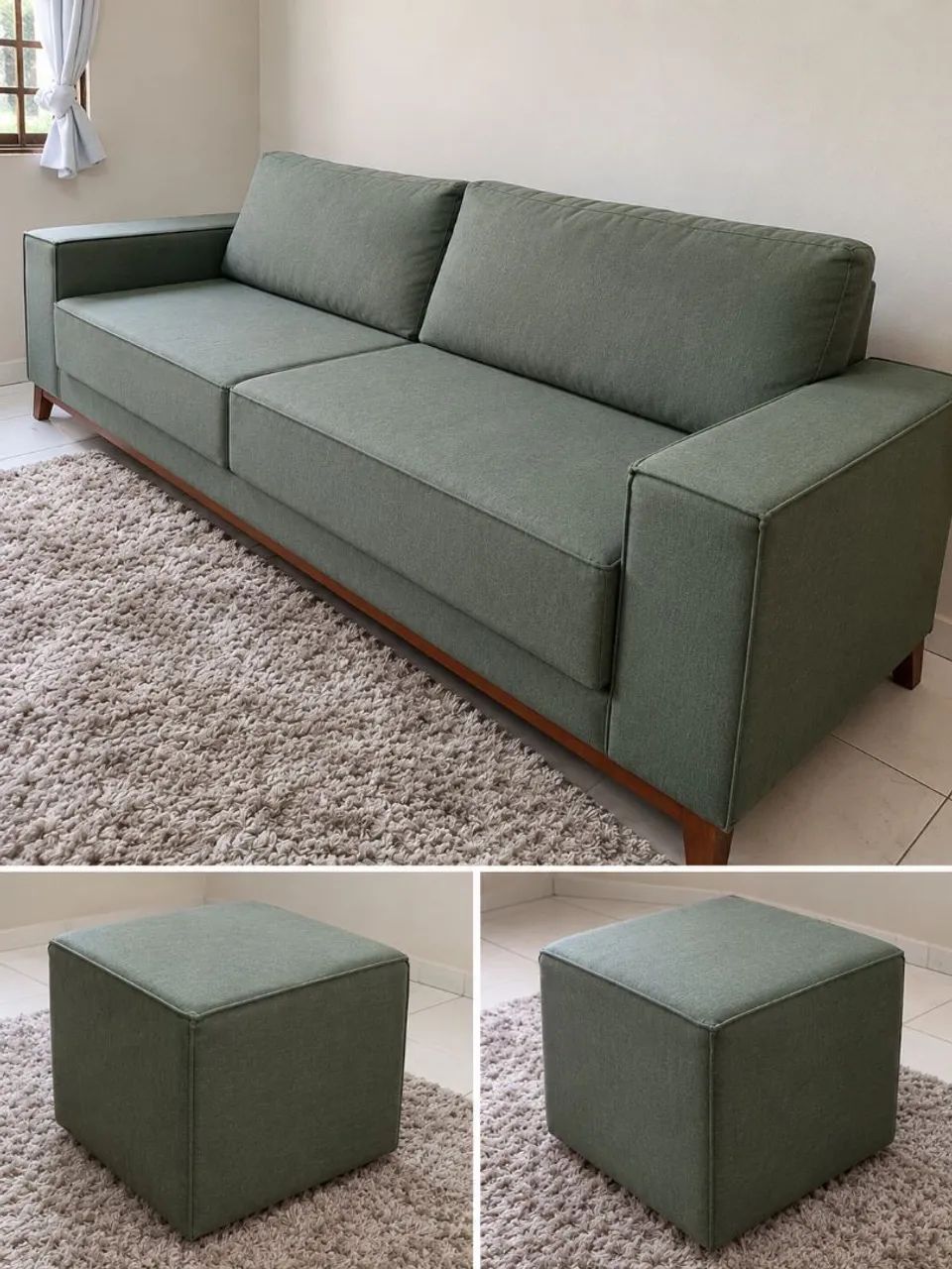 Sofá de linho luxuoso, 2,50 m , pés de madeira maciça, com dois puffs!