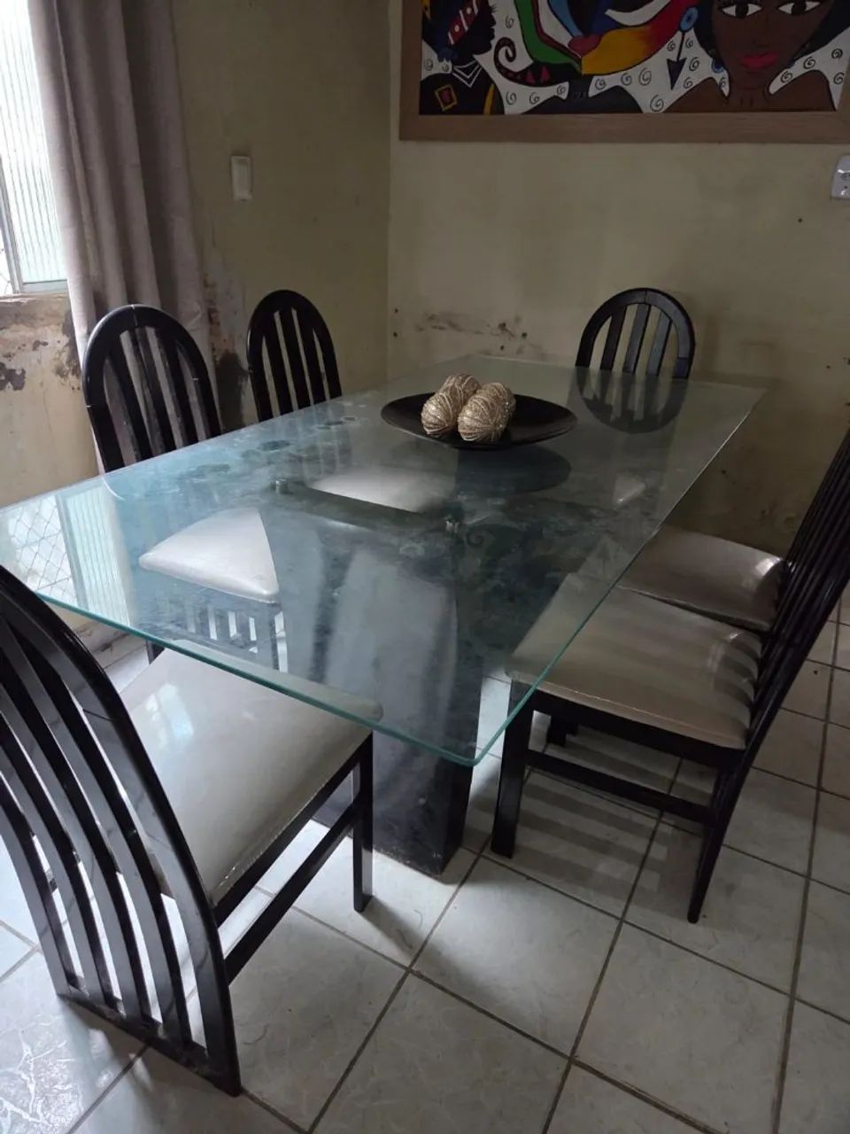 Mesa laqueada 6 cadeiras preta, assentos beje - Foto 3