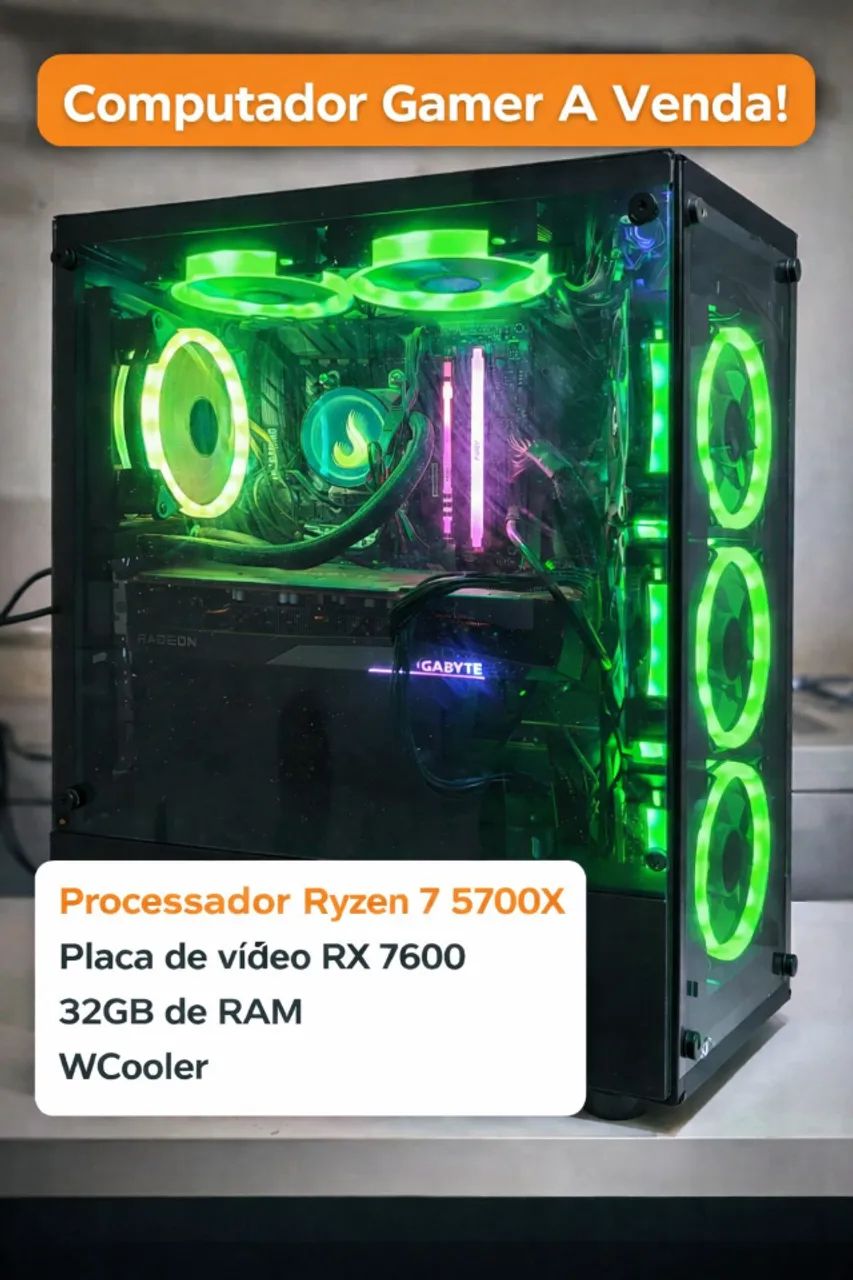 PC Gamer Processador Ryzen 7 5700X,Placa de vídeo RX 7600, 32GB de