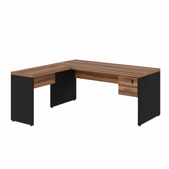 Mesa Escritório em L 1,70m + Mesa Auxiliar 2 Gavetas Nogal Sevilha Preto Modelo 21479