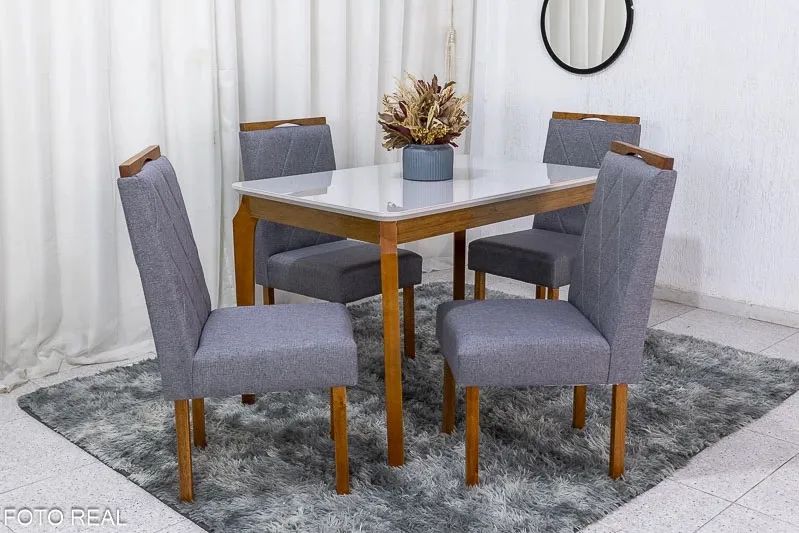 Mesa de Jantar 120×80 4 Cadeiras Diamante Linho Cinza Madeira Maciça rf544 - Foto 2