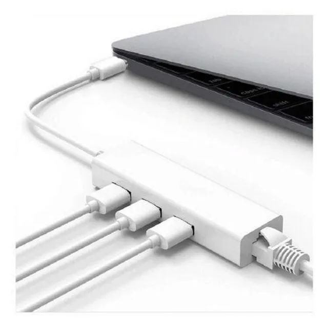 Cabo Adaptador Hub Usb 3 Portas 2.0 e RJ45 Para Tipo C