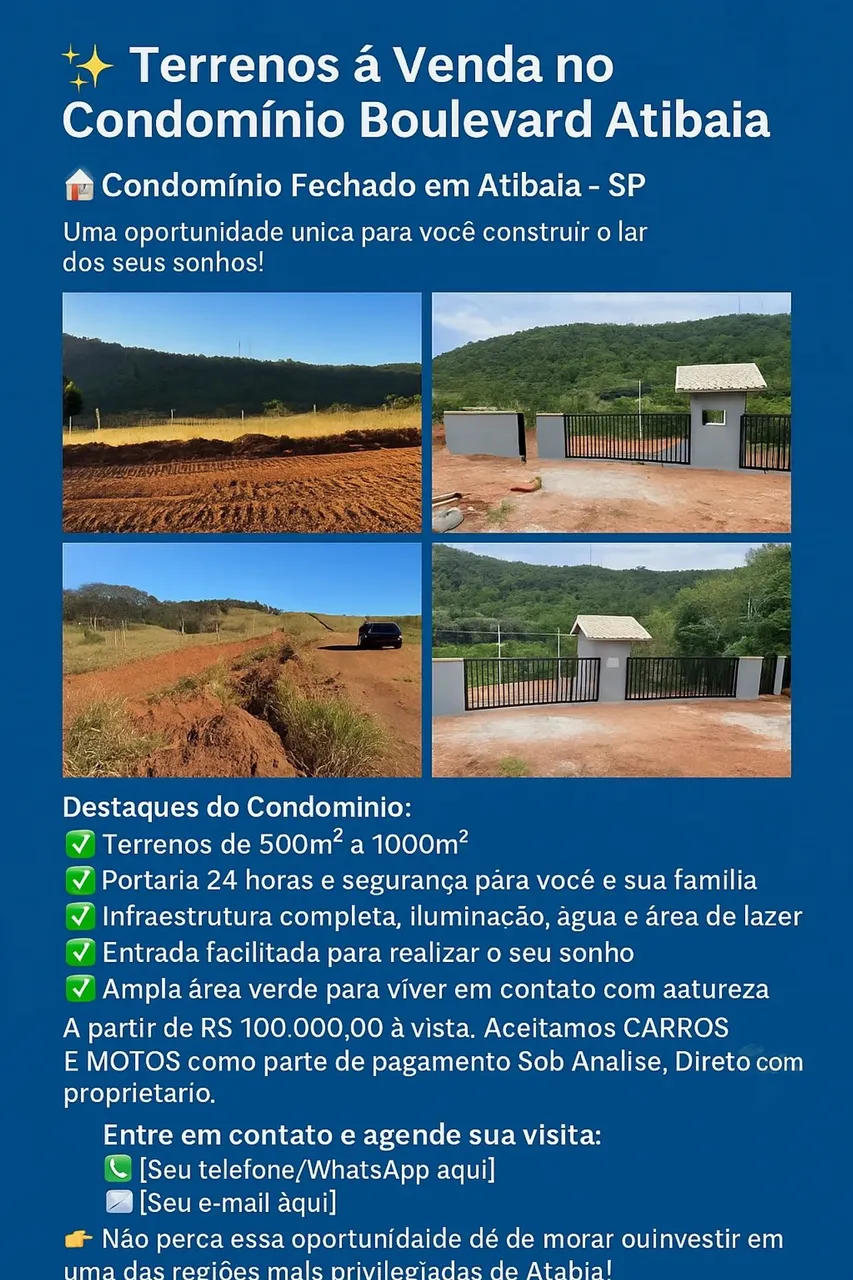 Terrenos à Venda no Condomínio Boulevard Atibaia