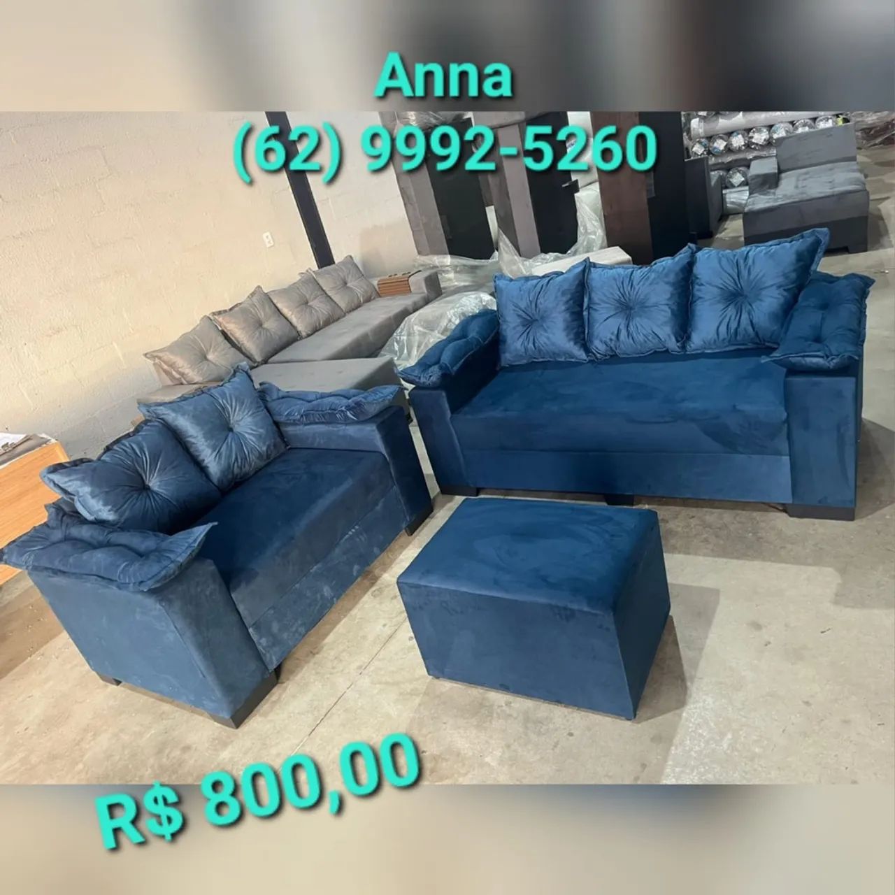 Sofá 2 e 3 lugares + Puff Azul