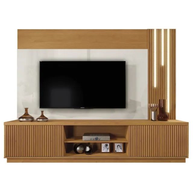 Estante Home Valência 2 Portas Ripadas Para Tv até 75 Polegadas Com Led Cacata - Bordinhon - Foto 3