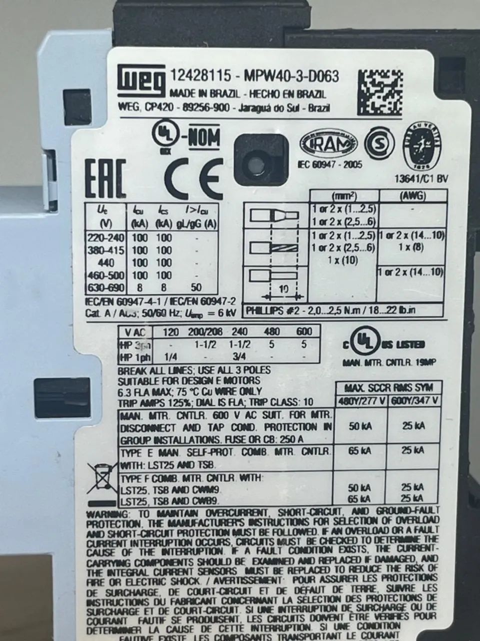 Disjuntor Motor WEG MPW-40-3-D063 - 6,3A - Foto 2
