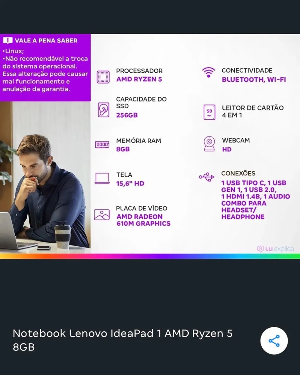 Notebook Lenovo IdeaPad 1 AMD Ryzen 5 8GB - Foto 3