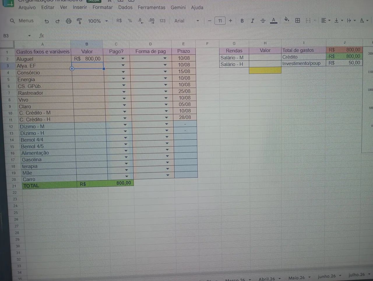 Planilha de gastos personalizada