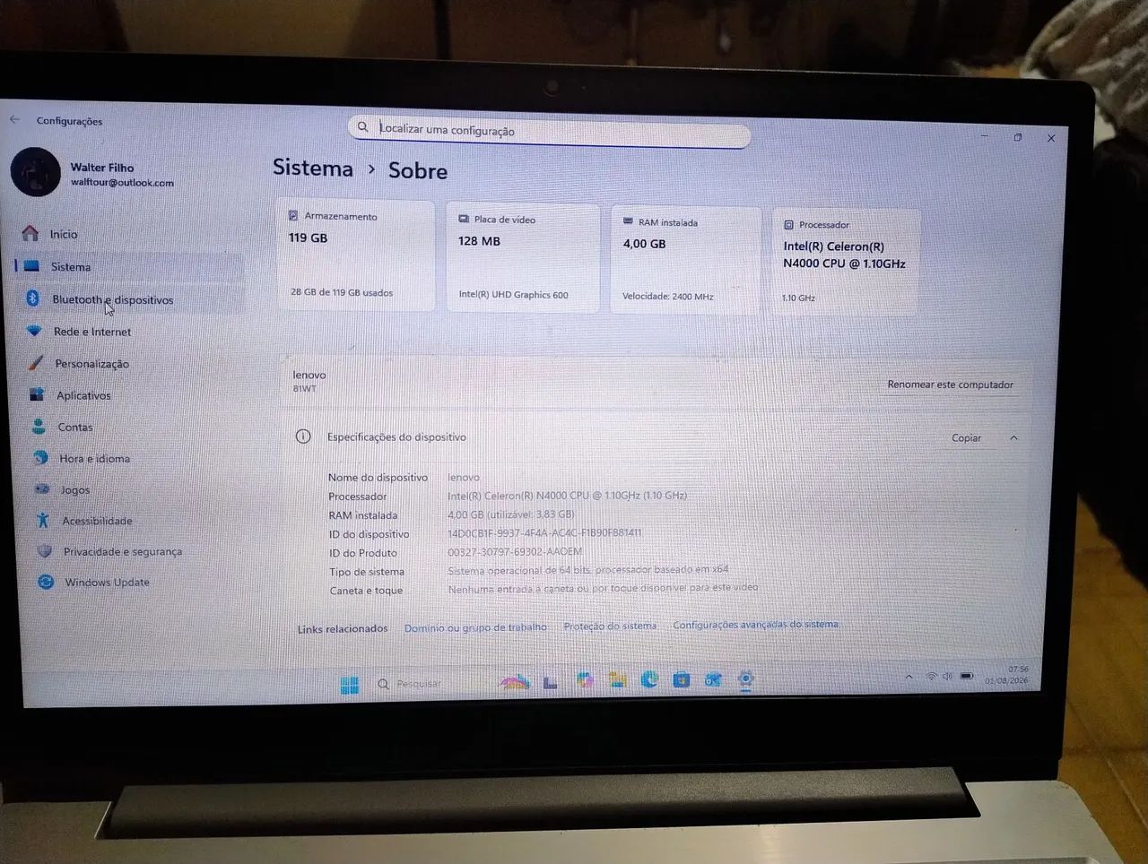 Computador Notebook Lenovo ideapad S145 N4000