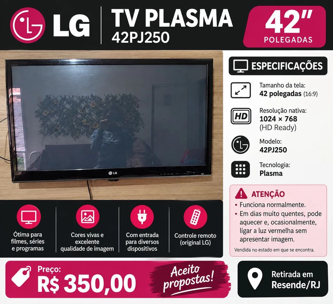 Televisão LG42PJ250 plasma display  - Foto 2